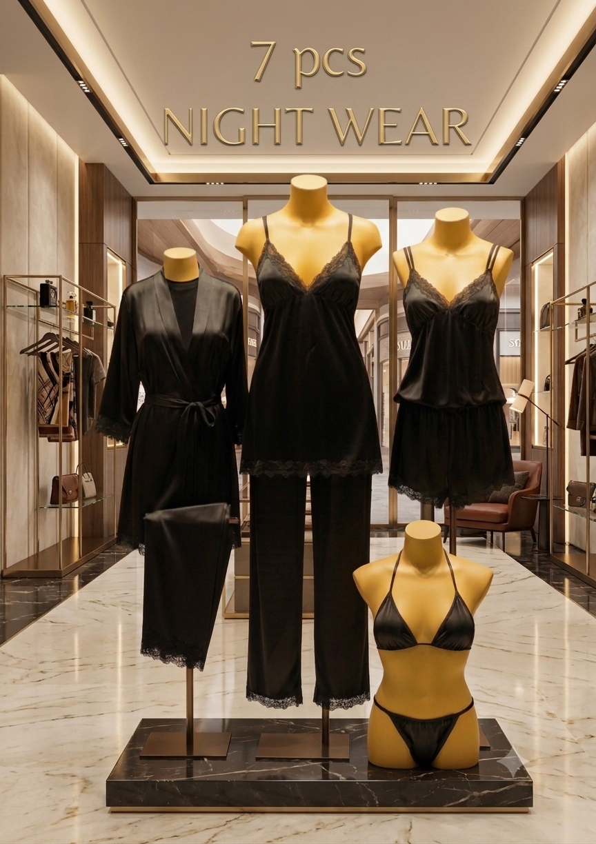 Luxury 7-Piece Silk Nightwear Collection | Elegant Sleepwear Set (Available in Multiple Colors)