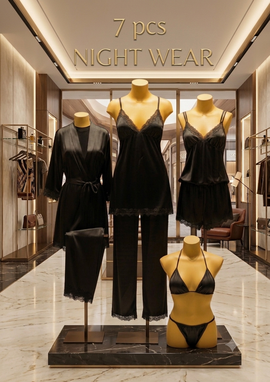 Luxury 7-Piece Silk Nightwear Collection | Elegant Sleepwear Set (Available in Multiple Colors)