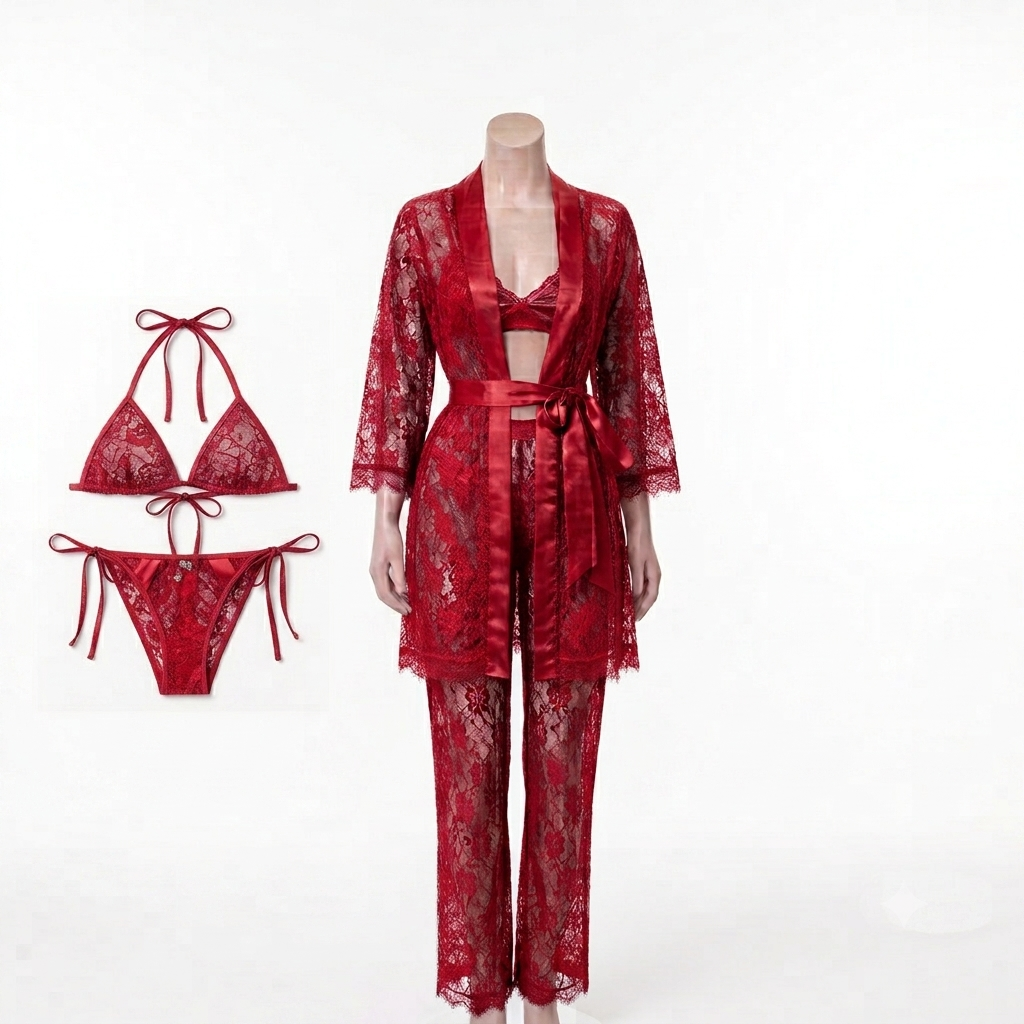 Luxury 4-Piece Lace Lingerie Set – Bra, Panty, Trousers & Gown Set With Different Colors