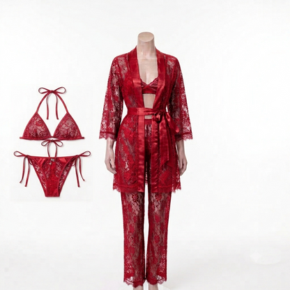 Luxury 4-Piece Lace Lingerie Set – Bra, Panty, Trousers & Gown Set With Different Colors