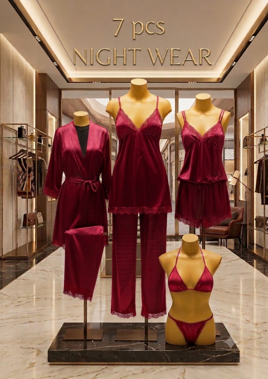 Luxury 7-Piece Silk Nightwear Collection | Elegant Sleepwear Set (Available in Multiple Colors)