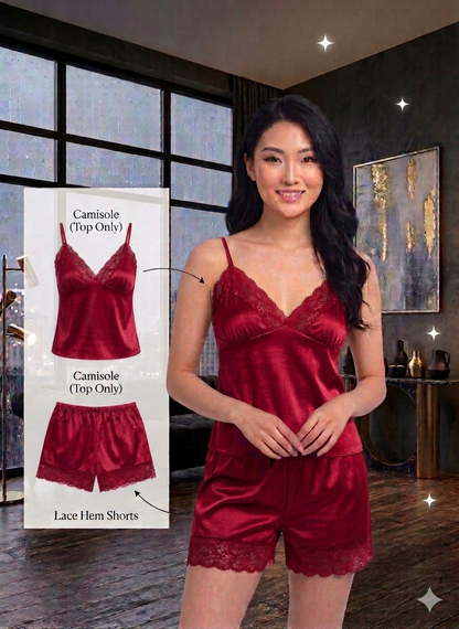 Luxury Satin 2-Piece Nightwear Set – Lace-Trimmed Camisole & Matching Shorts