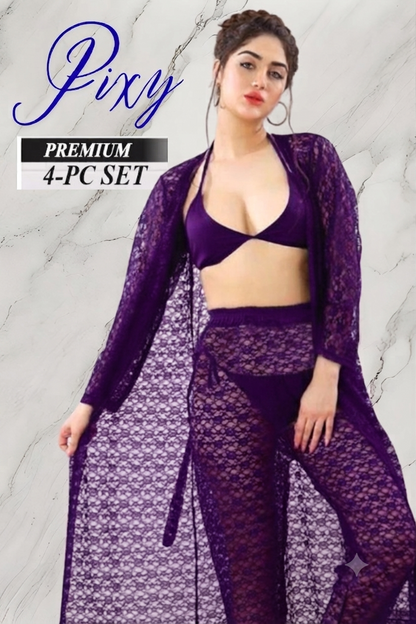 PIXY Premium 4-Piece Floral Net Lingerie & Lounge Set