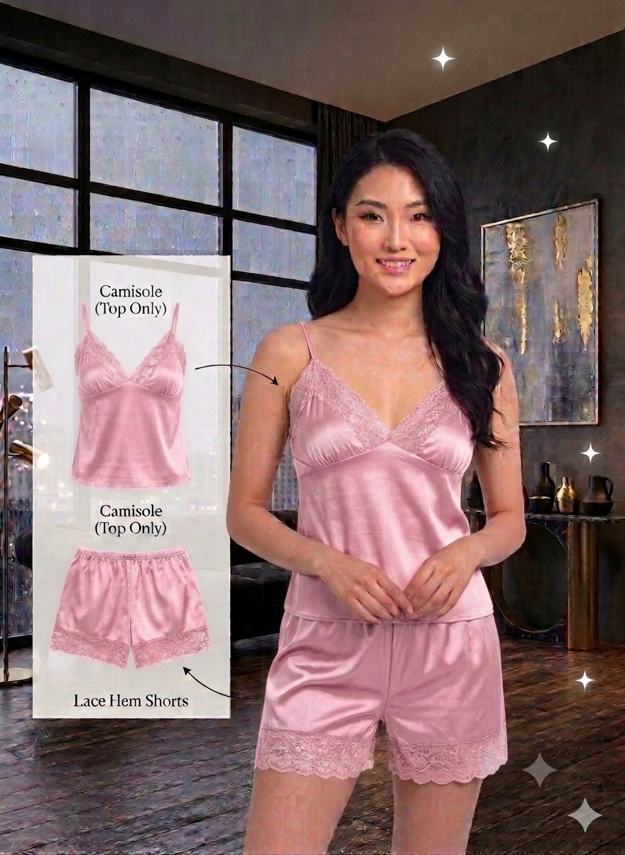 Luxury Satin 2-Piece Nightwear Set – Lace-Trimmed Camisole & Matching Shorts