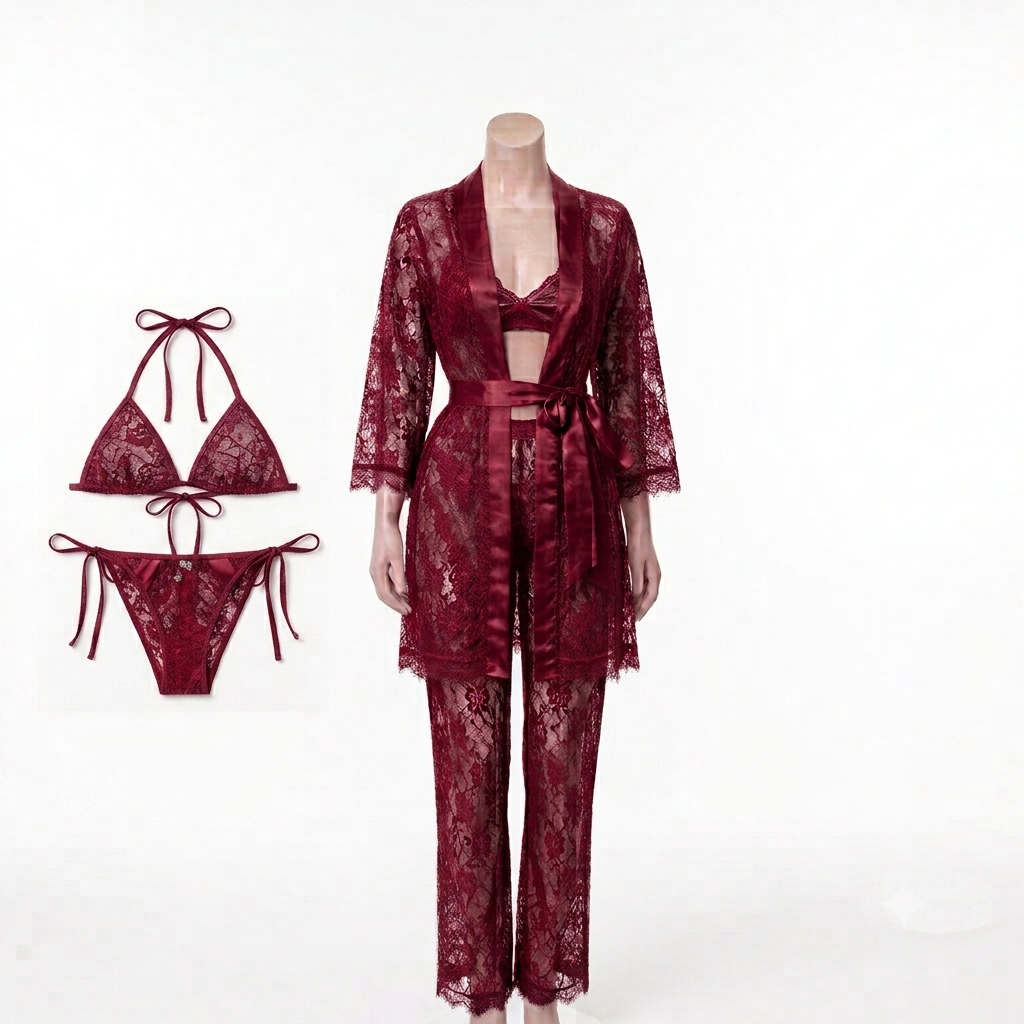 Luxury 4-Piece Lace Lingerie Set – Bra, Panty, Trousers & Gown Set With Different Colors