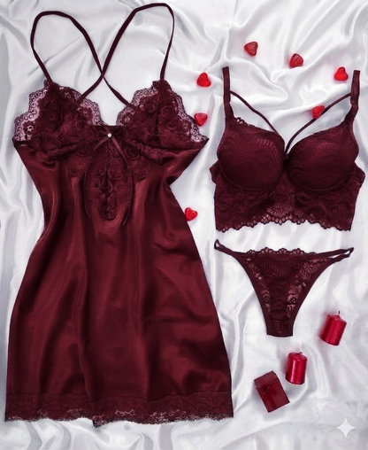Premium 3-Piece Satin & Lace Lingerie Set