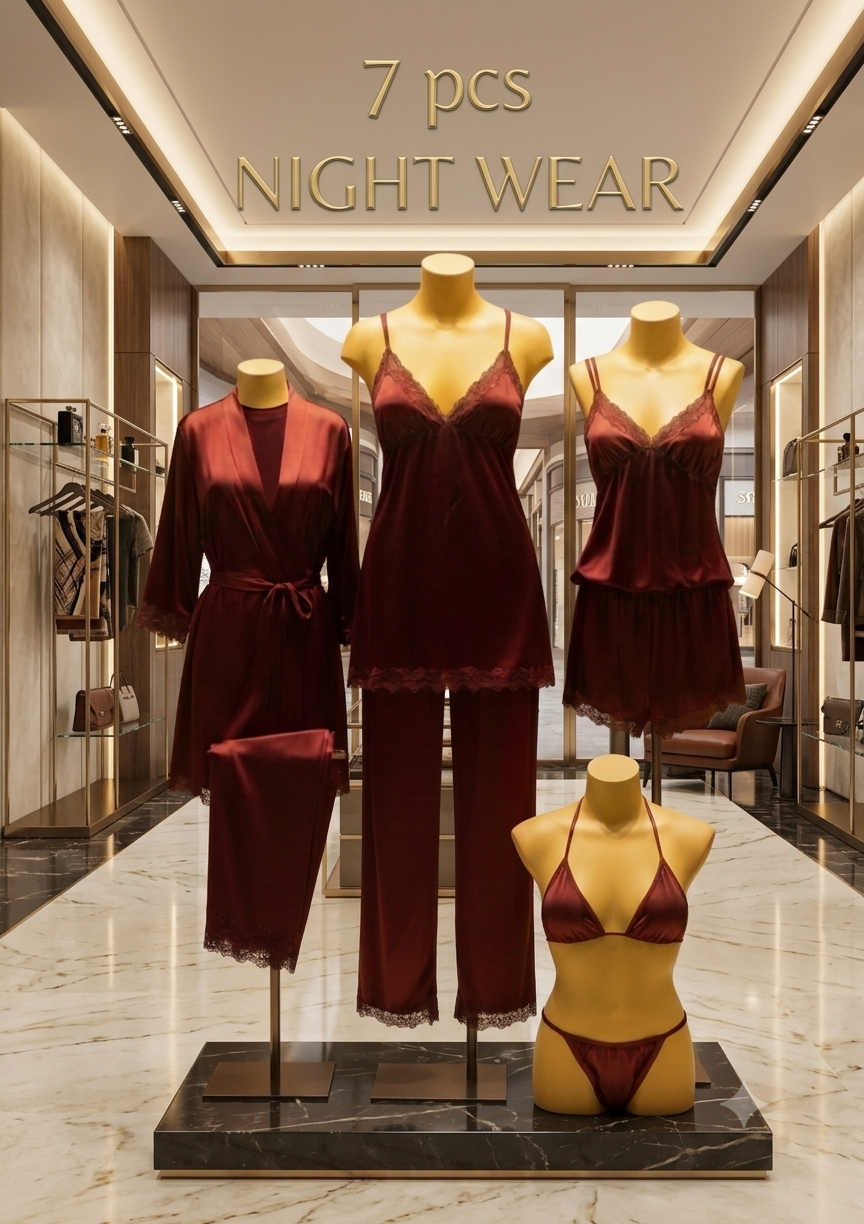 Luxury 7-Piece Silk Nightwear Collection | Elegant Sleepwear Set (Available in Multiple Colors)