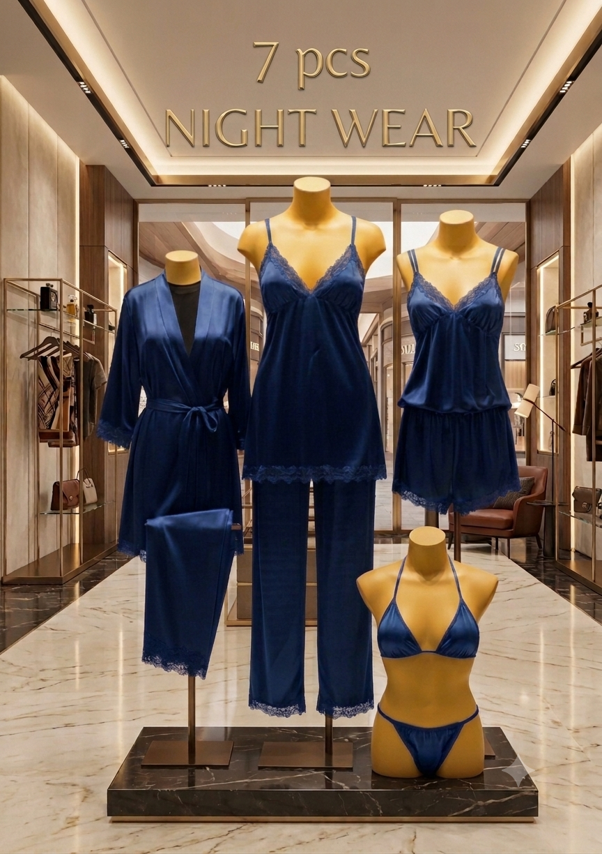 Luxury 7-Piece Silk Nightwear Collection | Elegant Sleepwear Set (Available in Multiple Colors)