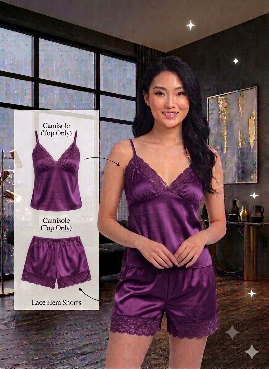 Luxury Satin 2-Piece Nightwear Set – Lace-Trimmed Camisole & Matching Shorts
