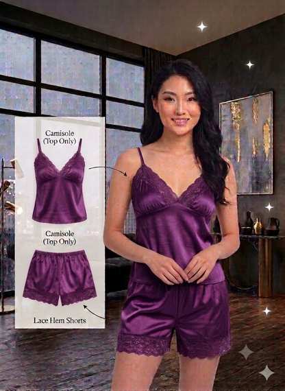 Luxury Satin 2-Piece Nightwear Set – Lace-Trimmed Camisole & Matching Shorts