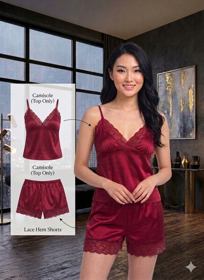 Luxury Satin 2-Piece Nightwear Set – Lace-Trimmed Camisole & Matching Shorts
