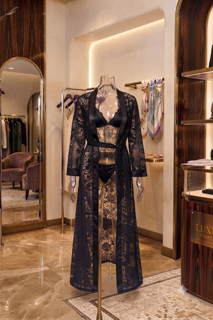 Luxury 3-Piece Floral Net Lingerie Long Gown with Bra & Panty Set - Elegant Collection