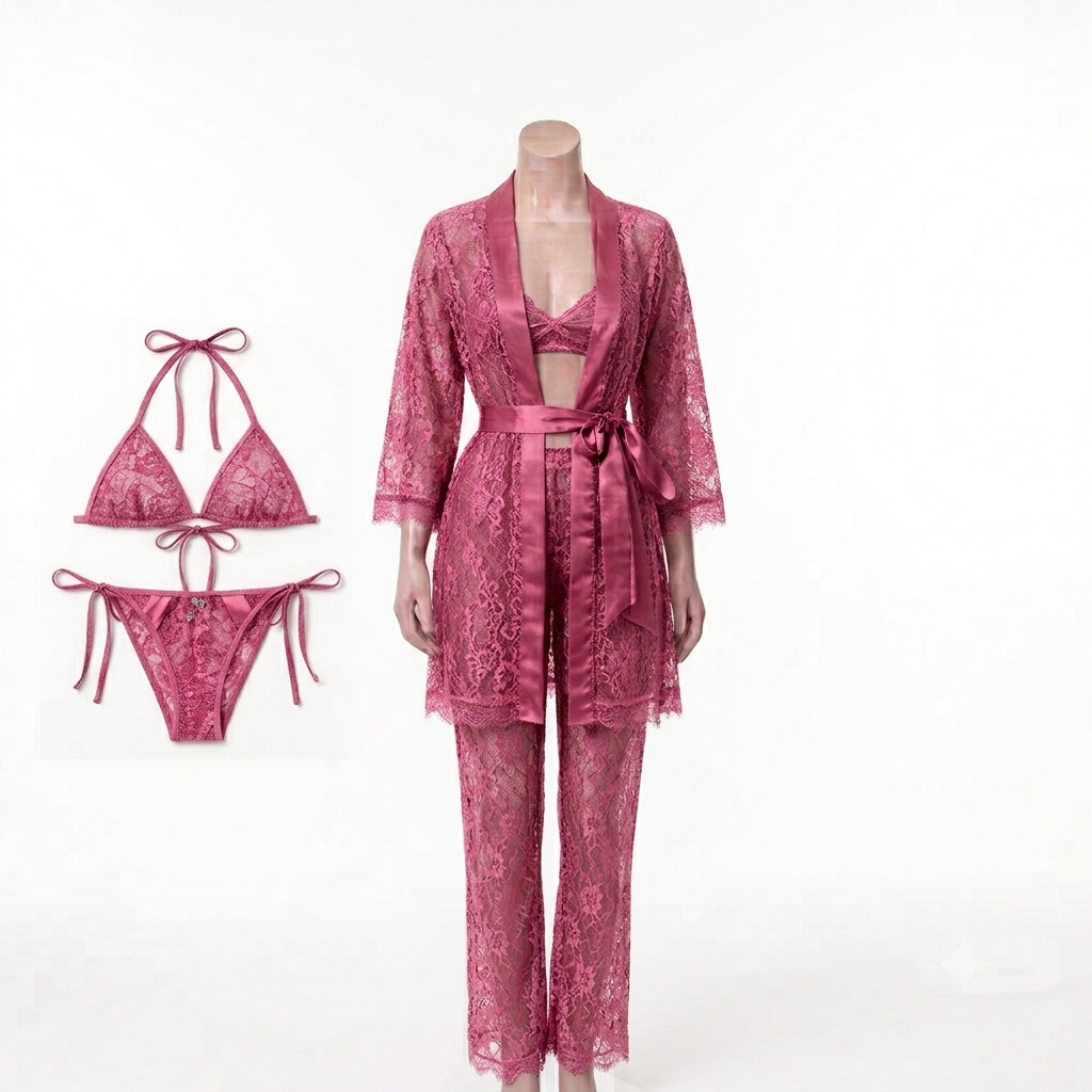Luxury 4-Piece Lace Lingerie Set – Bra, Panty, Trousers & Gown Set With Different Colors