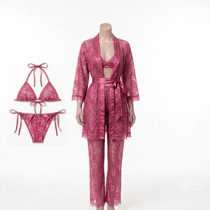 Luxury 4-Piece Lace Lingerie Set – Bra, Panty, Trousers & Gown Set With Different Colors