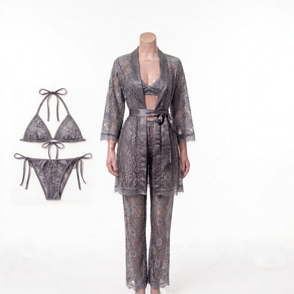 Luxury 4-Piece Lace Lingerie Set – Bra, Panty, Trousers & Gown Set With Different Colors