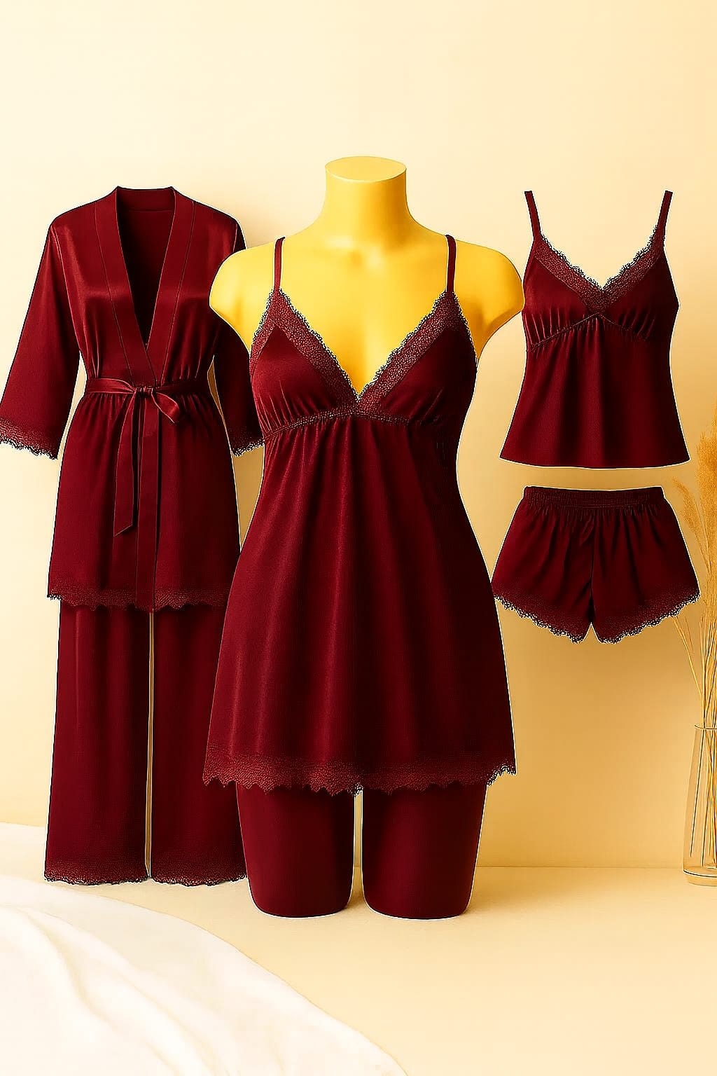 Luxury 5-Piece Satin Nightwear Set – Camisole, Shorts, Gown/Inner & Trouser  Collection With Different Colors