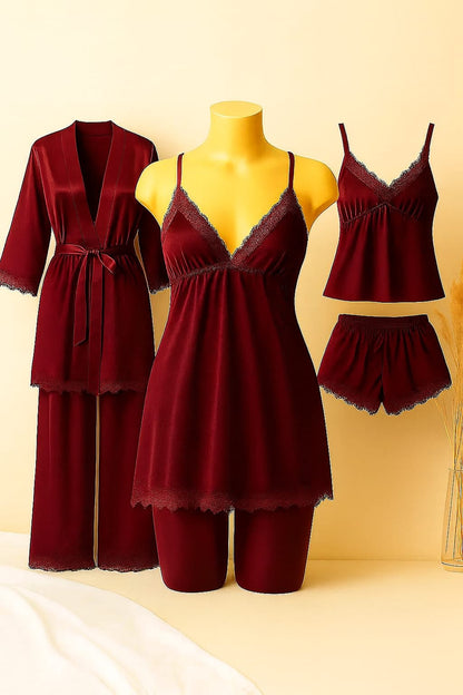 Luxury 5-Piece Satin Nightwear Set – Camisole, Shorts, Gown/Inner & Trouser  Collection With Different Colors