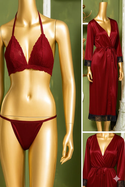 Luxury 3-Piece Satin Nightwear Set – Elegant Long Gown, Lace Bra & Panty Collection
