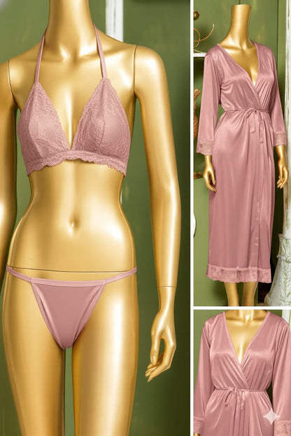 Luxury 3-Piece Satin Nightwear Set – Elegant Long Gown, Lace Bra & Panty Collection