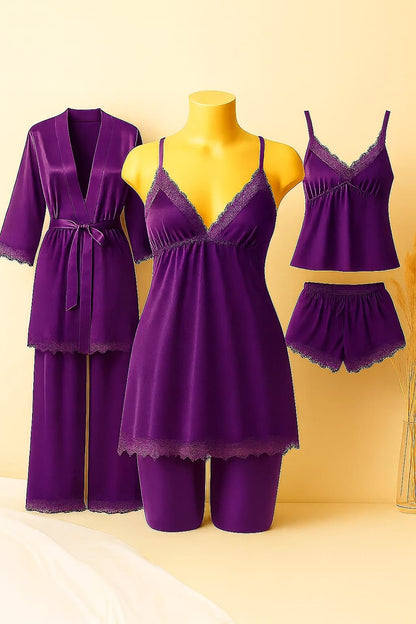 Luxury 5-Piece Satin Nightwear Set – Camisole, Shorts, Gown/Inner & Trouser  Collection With Different Colors