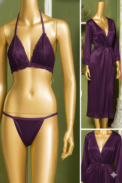 Luxury 3-Piece Satin Nightwear Set – Elegant Long Gown, Lace Bra & Panty Collection
