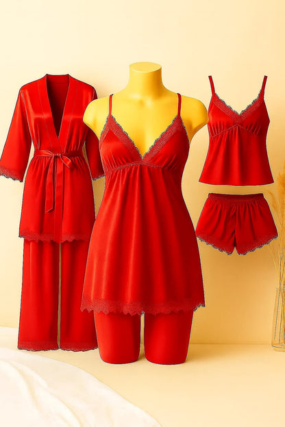 Luxury 5-Piece Satin Nightwear Set – Camisole, Shorts, Gown/Inner & Trouser  Collection With Different Colors