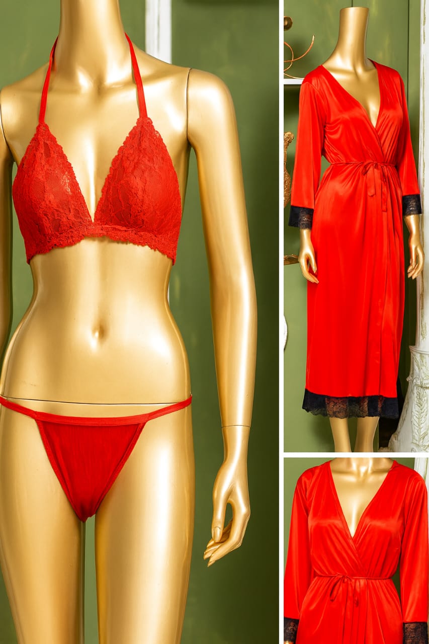 Luxury 3-Piece Satin Nightwear Set – Elegant Long Gown, Lace Bra & Panty Collection
