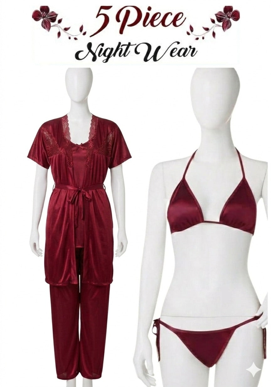 5-Piece Satin Nightwear Set for Women – Lace Robe, Camisole, Bra, Panty & Pajama Set