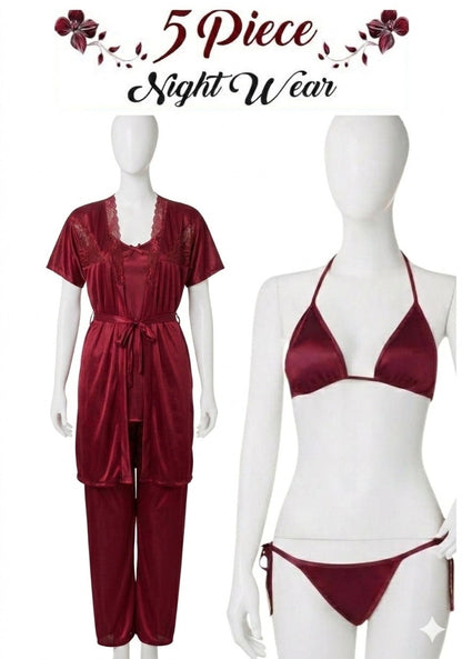 5-Piece Satin Nightwear Set for Women – Lace Robe, Camisole, Bra, Panty & Pajama Set