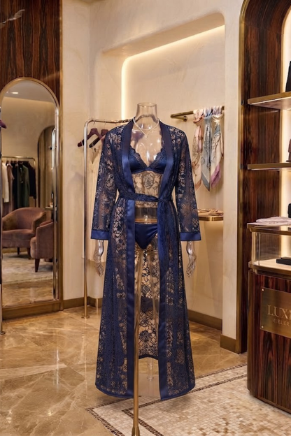 Luxury 3-Piece Floral Net Lingerie Long Gown with Bra & Panty Set - Elegant Collection