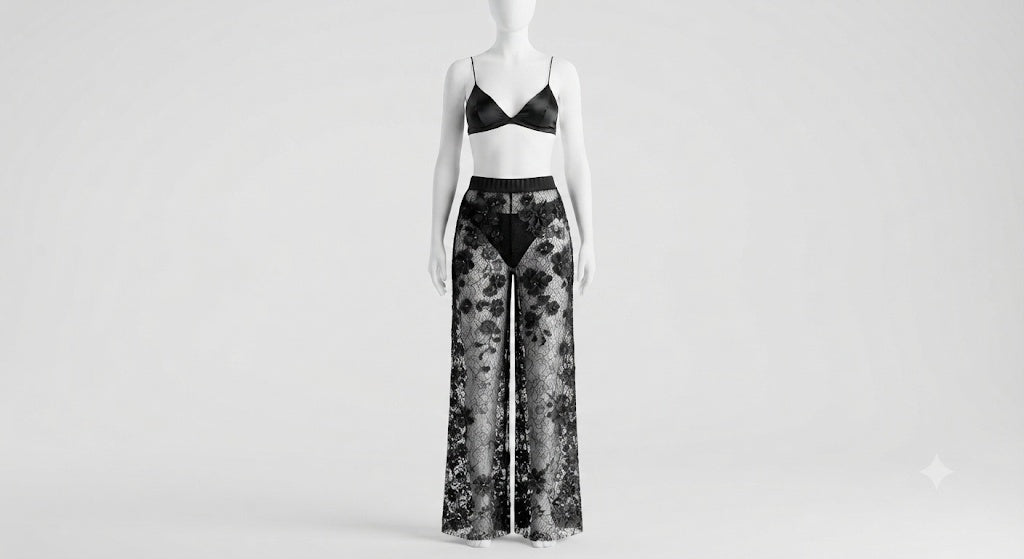 PIXY Delicate Lace Elegance: 3-Piece Net Trouser, Bra & Panty Set