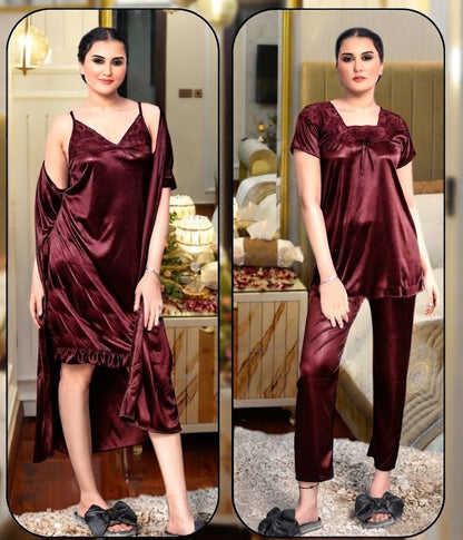 Pixy Glamour 4-Piece Satin Lounge & Sleepwear Set – The Ultimate Silk-Feel Comfort Collection