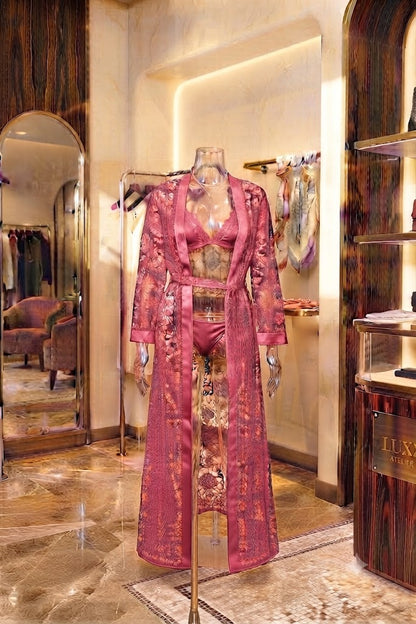 Luxury 3-Piece Floral Net Lingerie Long Gown with Bra & Panty Set - Elegant Collection