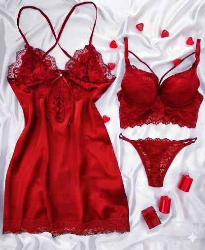 Premium 3-Piece Satin & Lace Lingerie Set