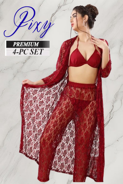 PIXY Premium 4-Piece Floral Net Lingerie & Lounge Set