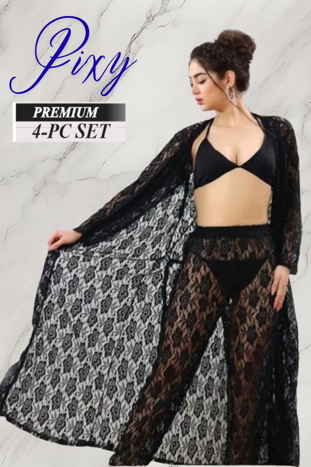 PIXY Premium 4-Piece Floral Net Lingerie & Lounge Set