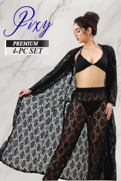 PIXY Premium 4-Piece Floral Net Lingerie & Lounge Set