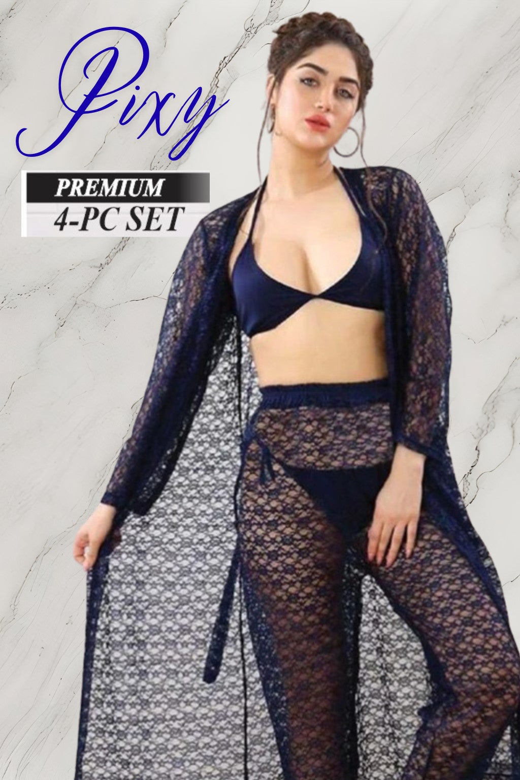 PIXY Premium 4-Piece Floral Net Lingerie & Lounge Set
