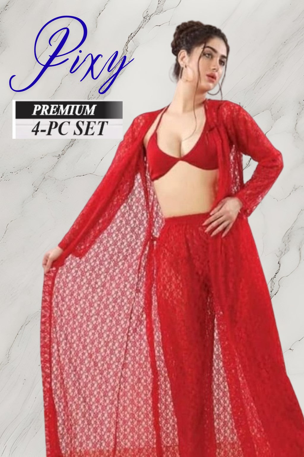 PIXY Premium 4-Piece Floral Net Lingerie & Lounge Set